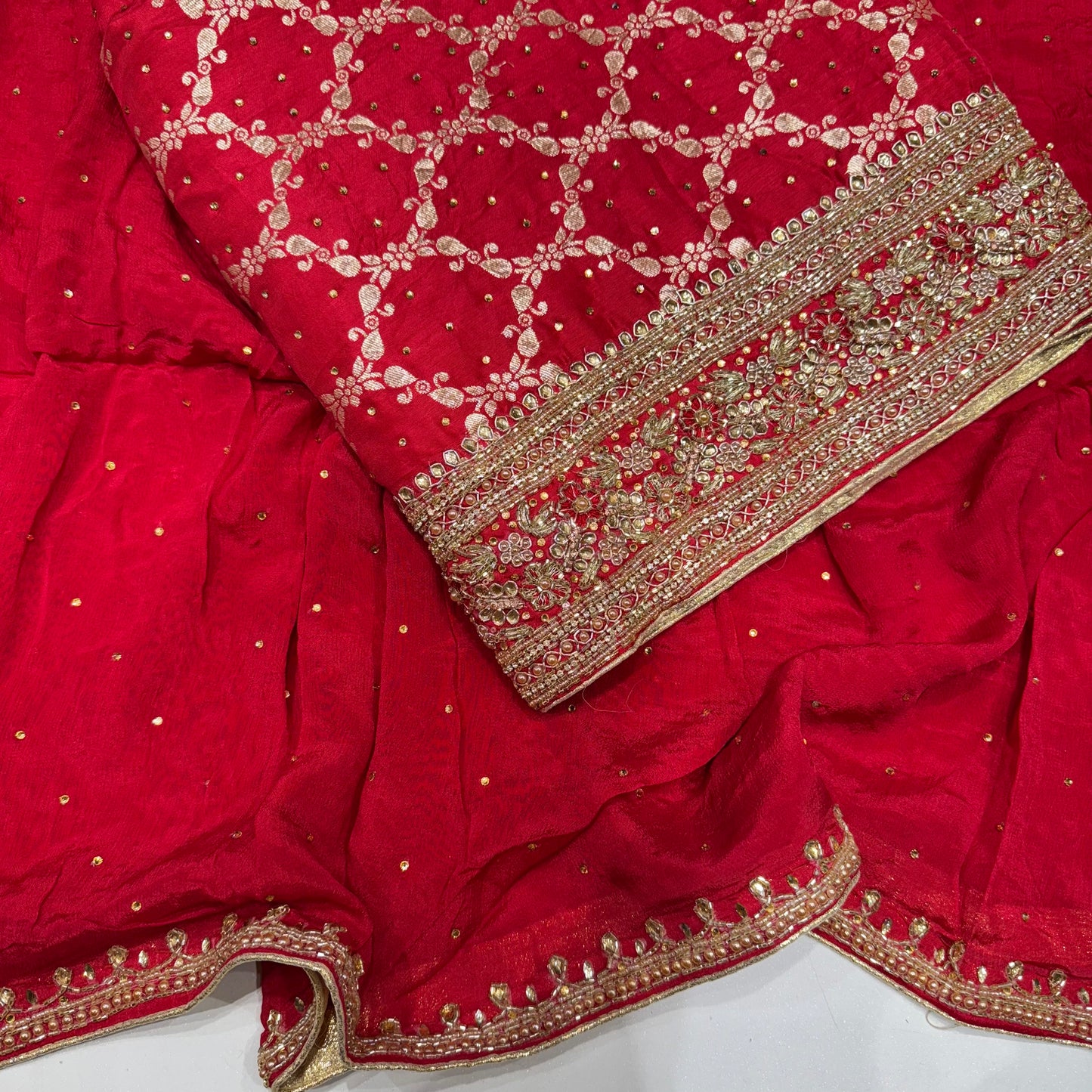 Banarsi Silk Handwork Suit set with Chinon dupatta
