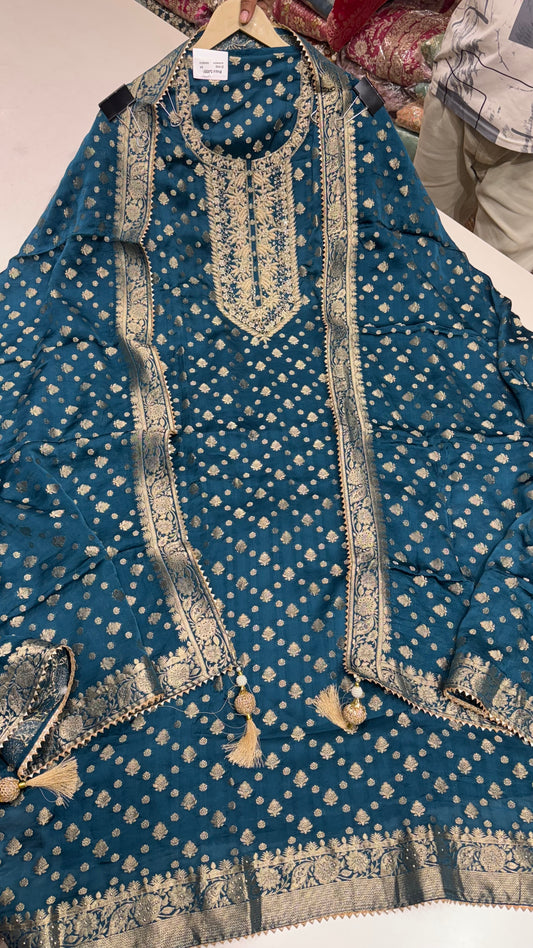 Royal Banarasi Silk Unstitched Suit with Dabka Hand Embroidery