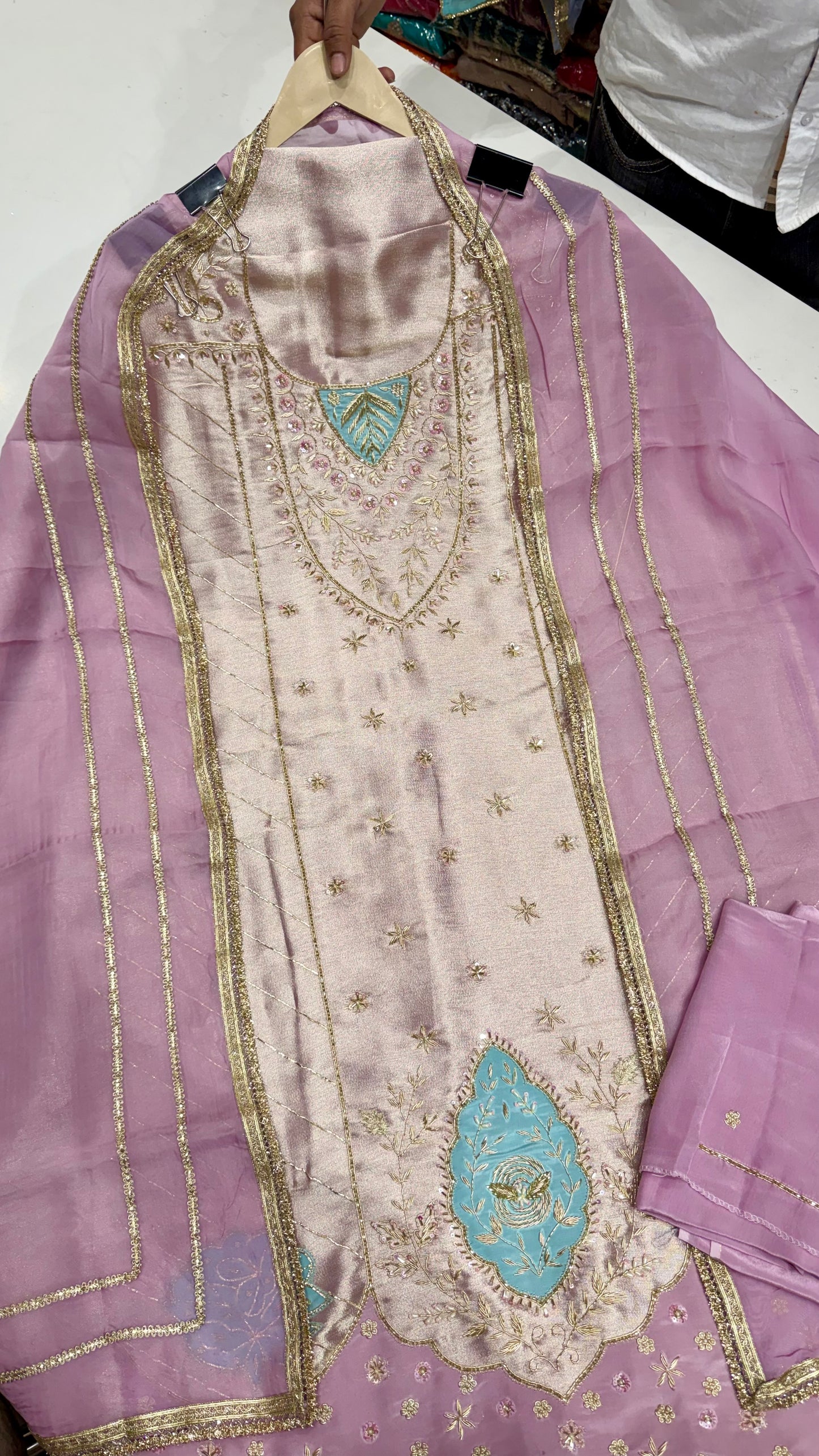 Designer Pure Shimmer Silk Unstitched Suit with Zardozi Handwork & Organza Dupatta