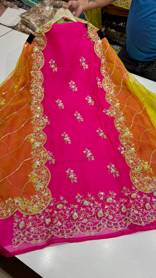 Pure Organza Unstitched Suit with Aqua Blue Embroidered Dupatta & Zardozi Work