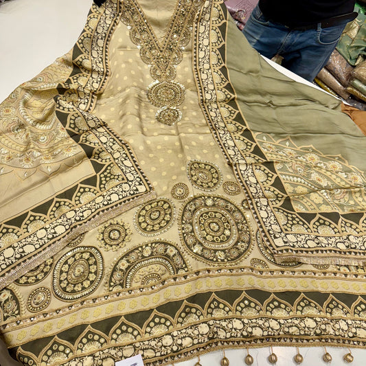Luxe Pakistani Satin Ensemble | Hand Embroidered Elegance with Printed Dupatta