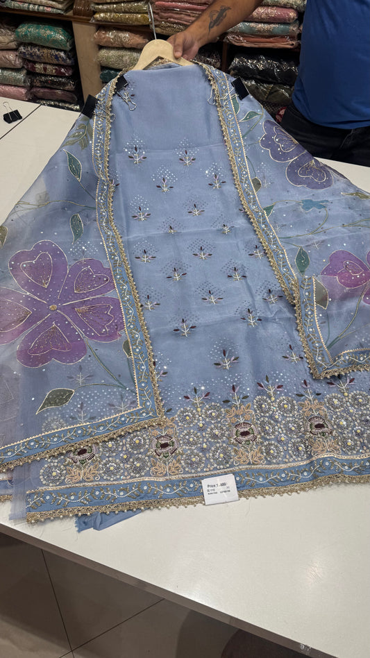 Pure Glass Organza Unstitched Suit with Zardozi Embroidery