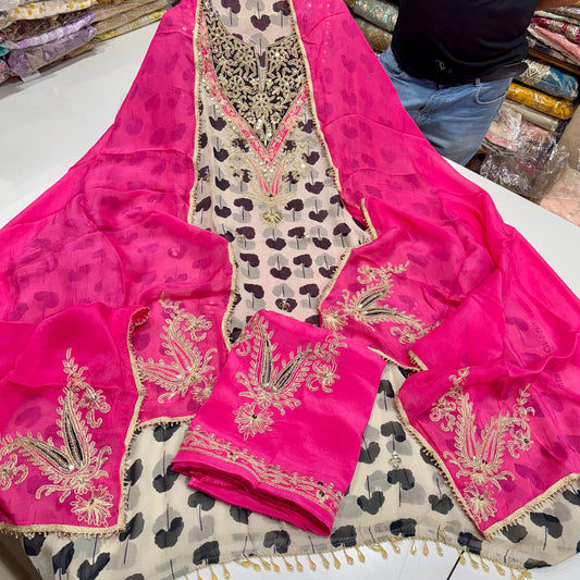 Orgenza Printed Zari Embroidered Suit with Heavy Neck, Chinon Zari Work Dupatta & Pure Crepe Embroidered Bottom