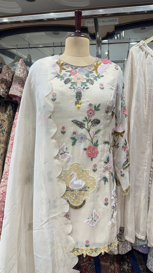Ivory Swan Motif Zardozi & Thread Embroidered Readymade Suit – Free Size (Up to 44” Bust)