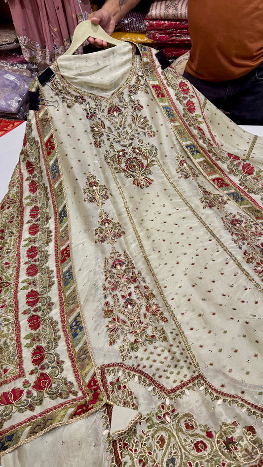 Sabyasachi Inspired Russian Silk Digital Print & Hand Embroidered Suit Set