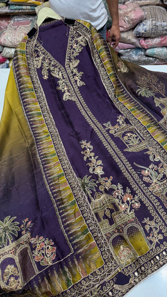 ✨ Sabyasachi Inspired Pure Organza Silk Purple Designer Unstitched Suit Set