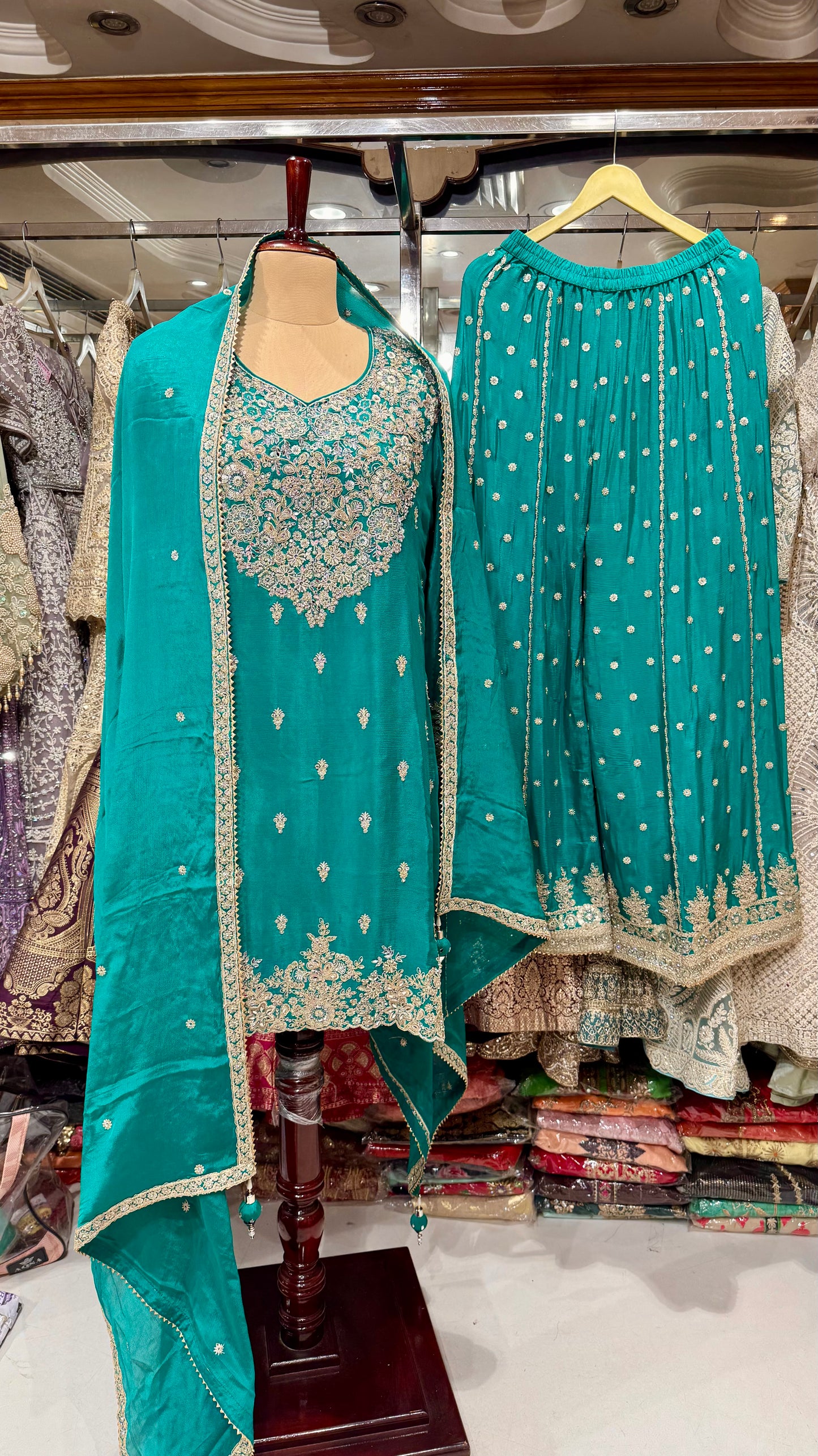 Chinon Crepe Readymade Sharara Suit with Zari & Sequin Embroidery