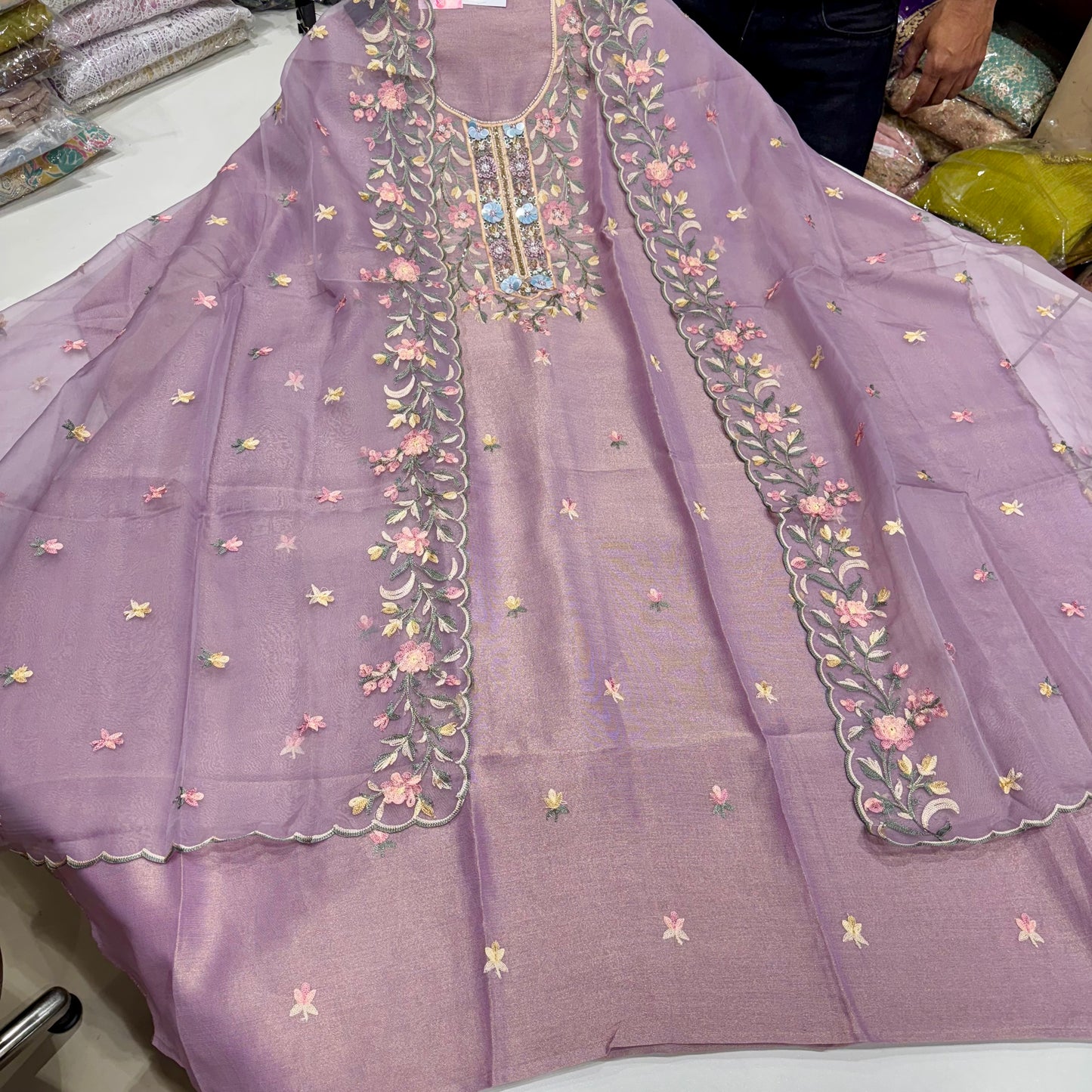 Unstitched Tissue Silk Kalamkari Embroidered Suit with Handwork Neck & Organza Dupatta