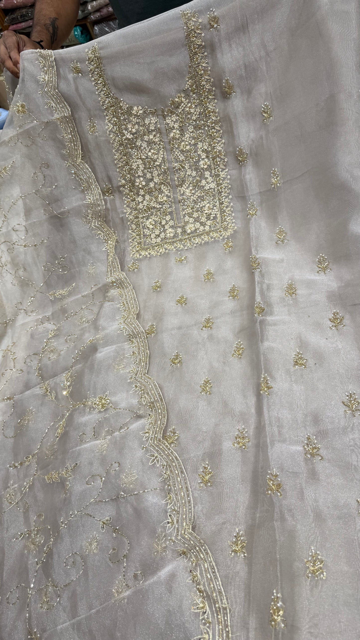 Luxury Unstitched Pure Glass Organza Hand Embroidered Suit with Nakshi, Pearls & Cutdana Work | Premium Designer Wedding & Party Wear Dress Material