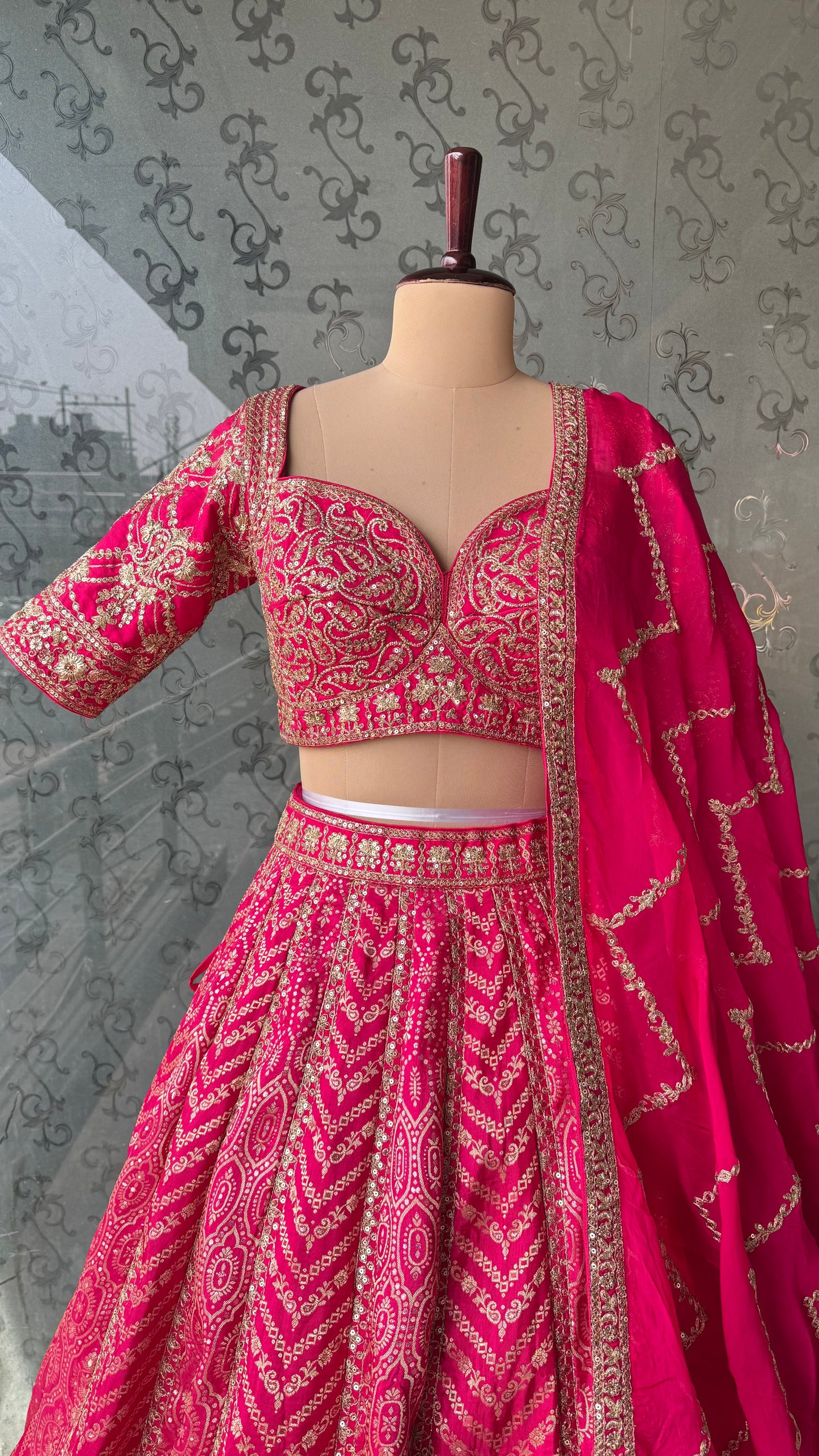 Hot Pink Heavy Embroidered Lehenga Choli Set with Zari Dupatta