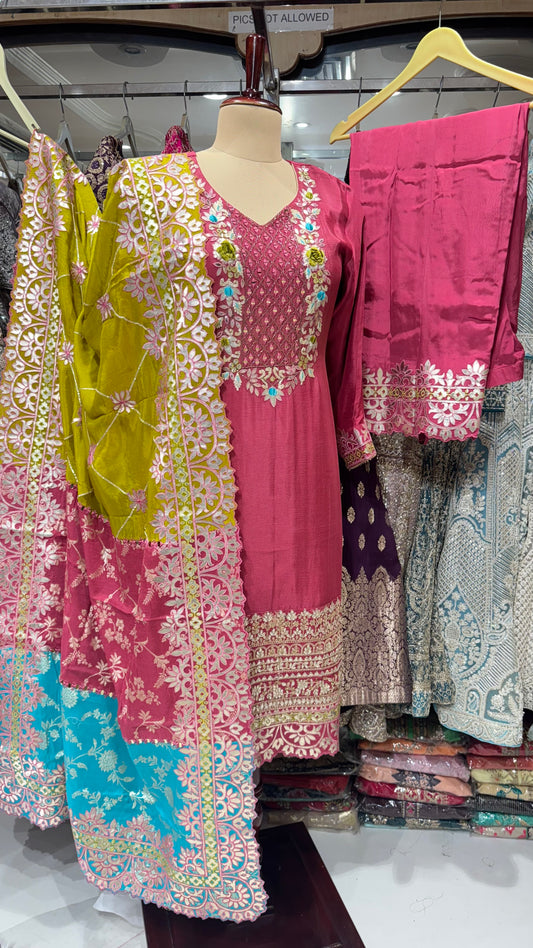 Designer Readymade Chinon Crepe Suit with Handwork, Embroidered Crepe Pants & Banarasi Dupatta