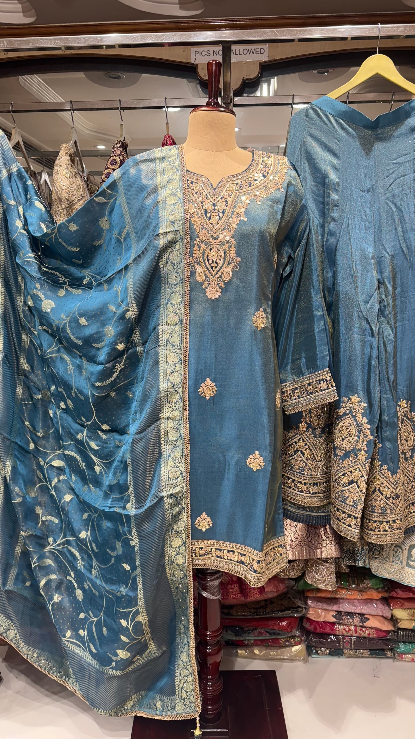 Elegant Teal Tissue Silk Readymade Sharara Suit with Zardozi & Sequin Embroidery