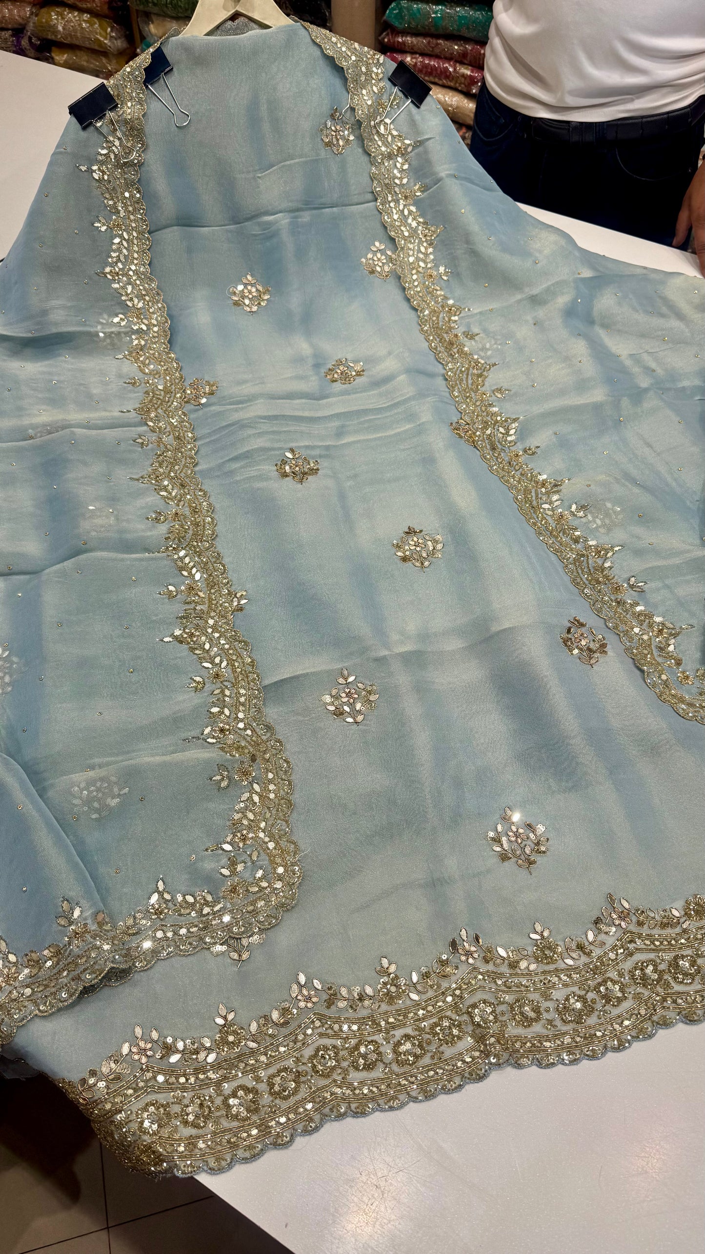 Elegant Sky Blue Pure Tissue Silk Unstitched Suit with Opada Silk Bottom