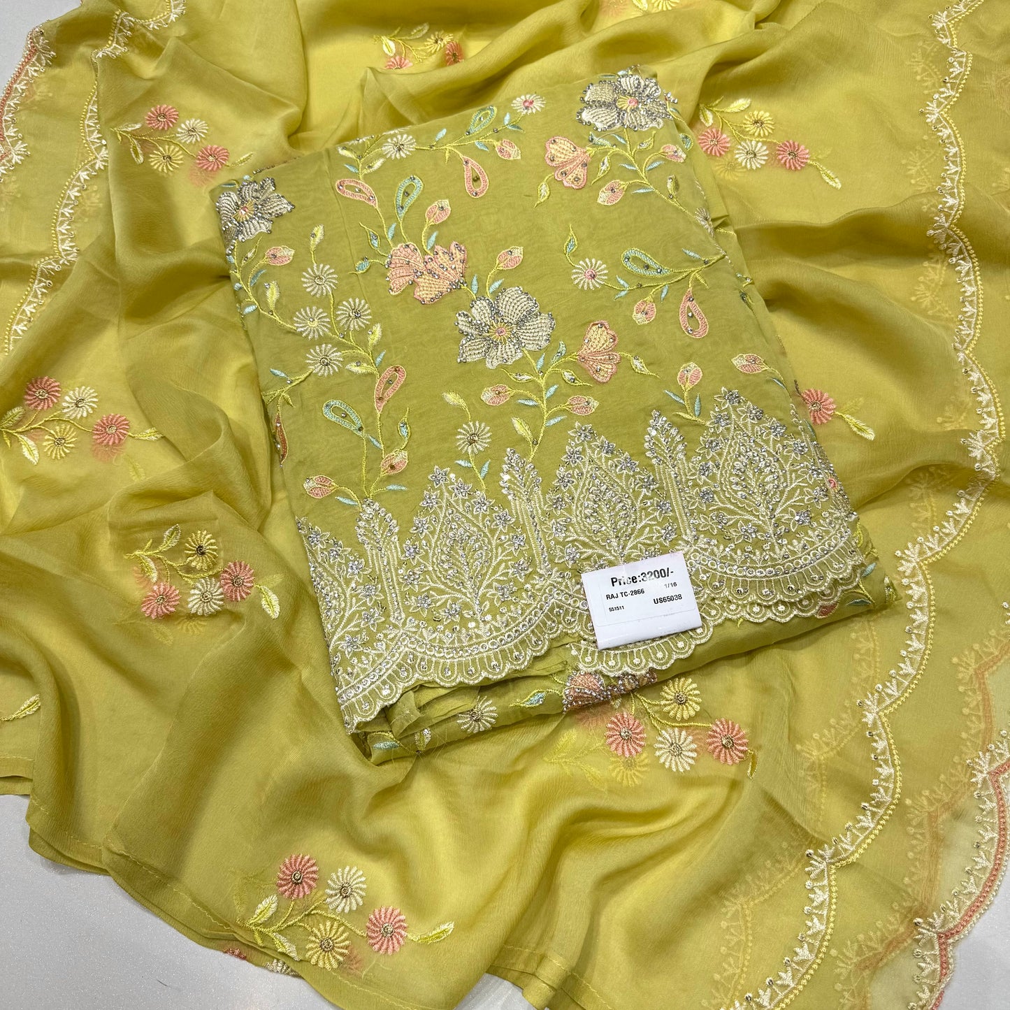 Multicolor Thread work Orgenza Suit set with chiffon dupatta