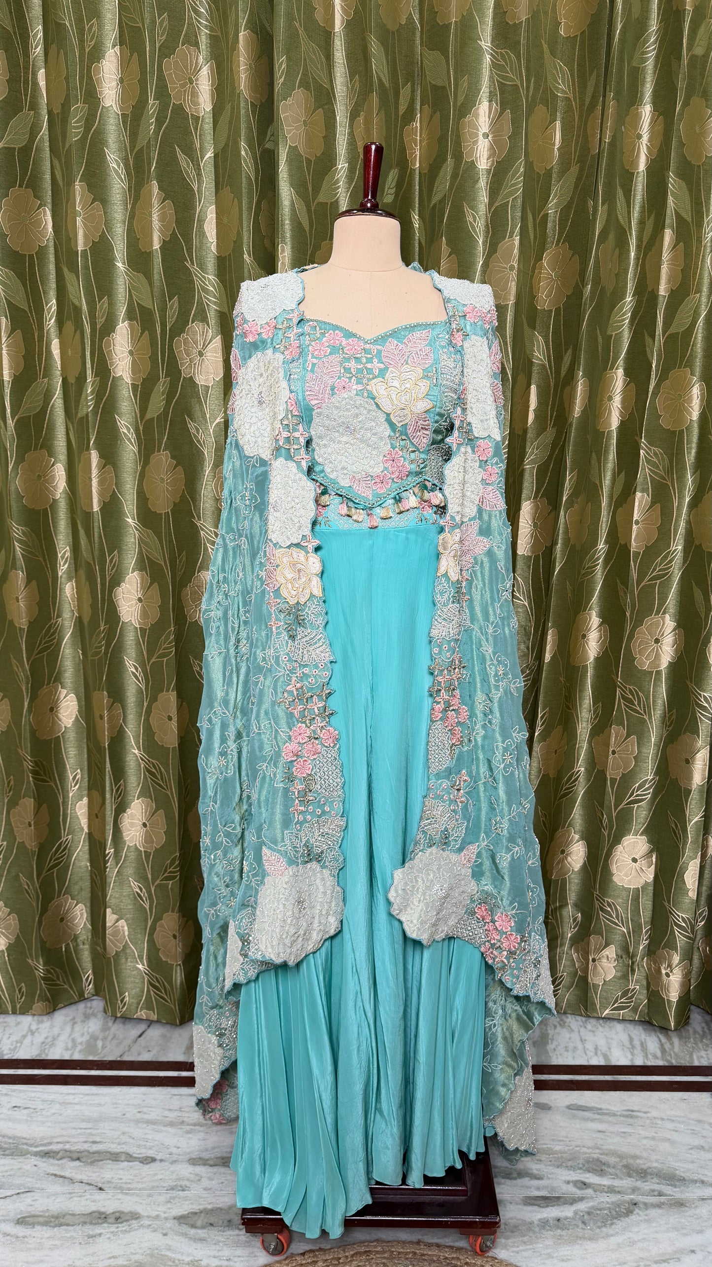 Aqua Blue Indo-Western 3-Piece Ensemble with Hand-Embroidered Blouse & Sharara in Pure Crepe and Heavy Pure Tissue Kaftan Shrug