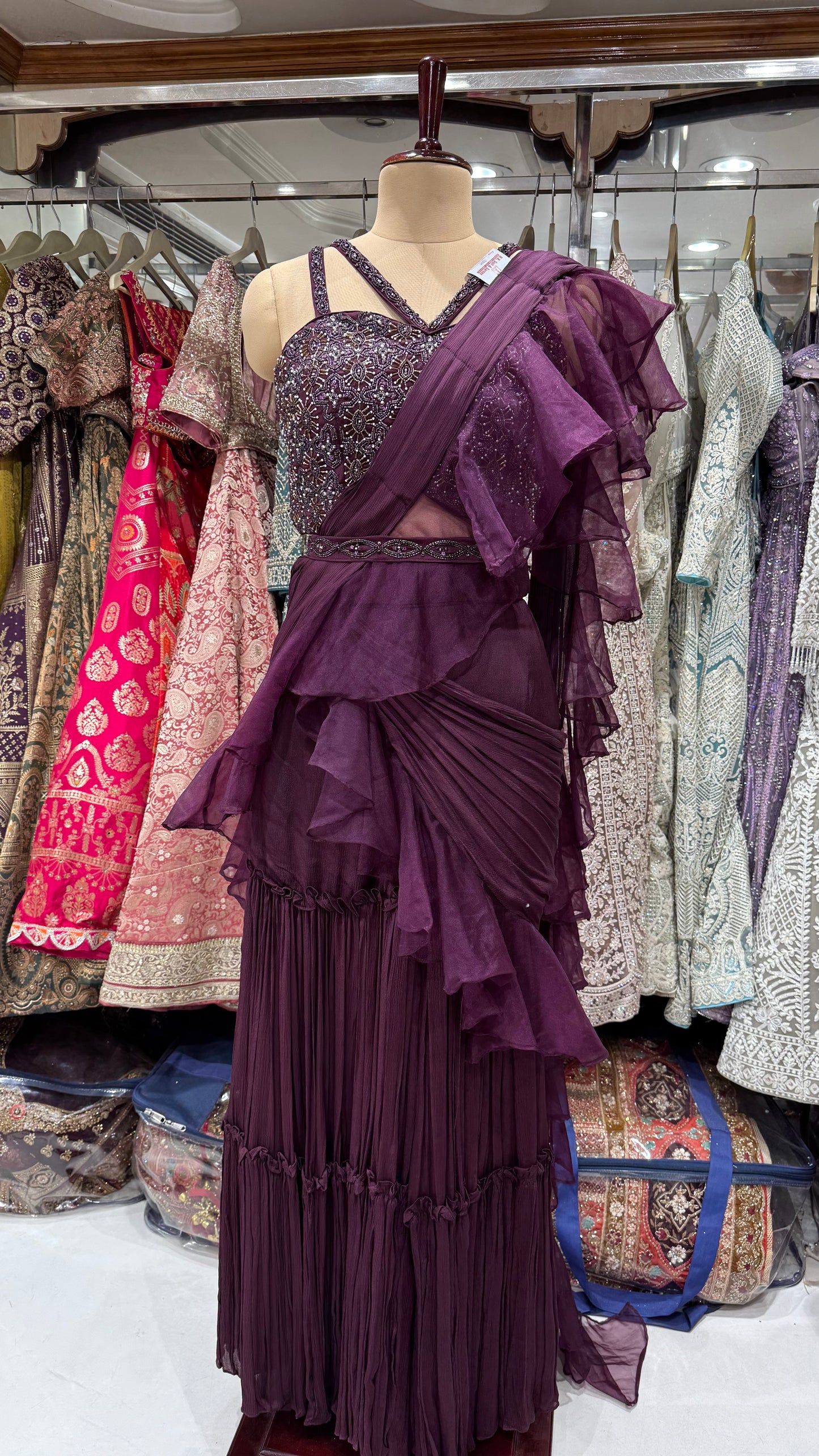 Plum Zardozi Hand Embroidered Indo-Western Sharara Saree – Readymade Free Size (Up to 42” Bust)