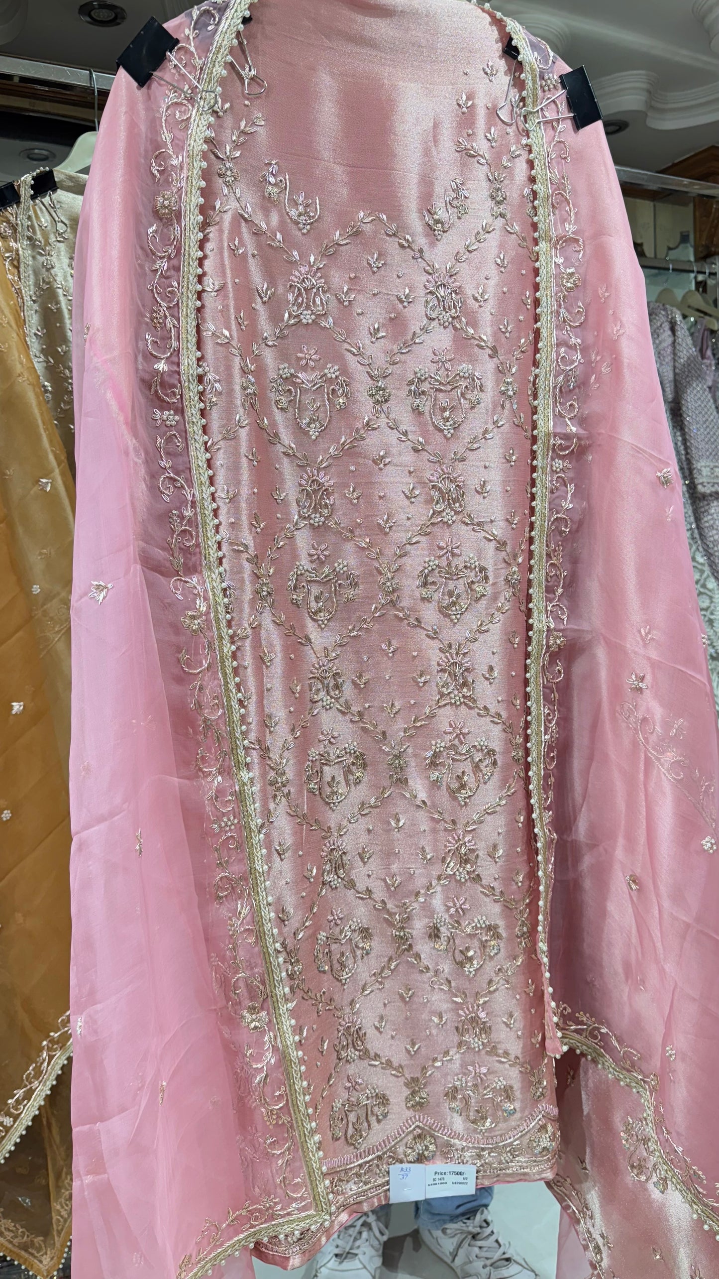 Luxury Shimmer Tissue (Jiraf Silk) Unstitched Suit with Dabka ,Zardozi & Pearl Detailing