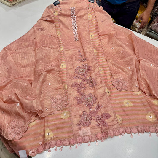 Elegant Lurex Tissue Unstitched Suit with Hand Embroidery & Silk Bottom