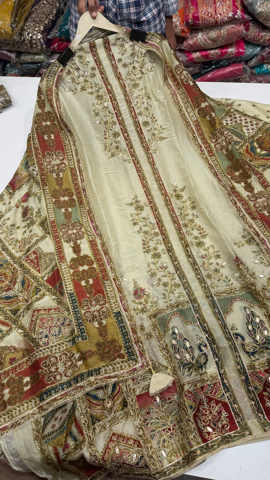 ✨ Sabyasachi Inspired Pure Organza Silk ivory Designer Unstitched Suit Set