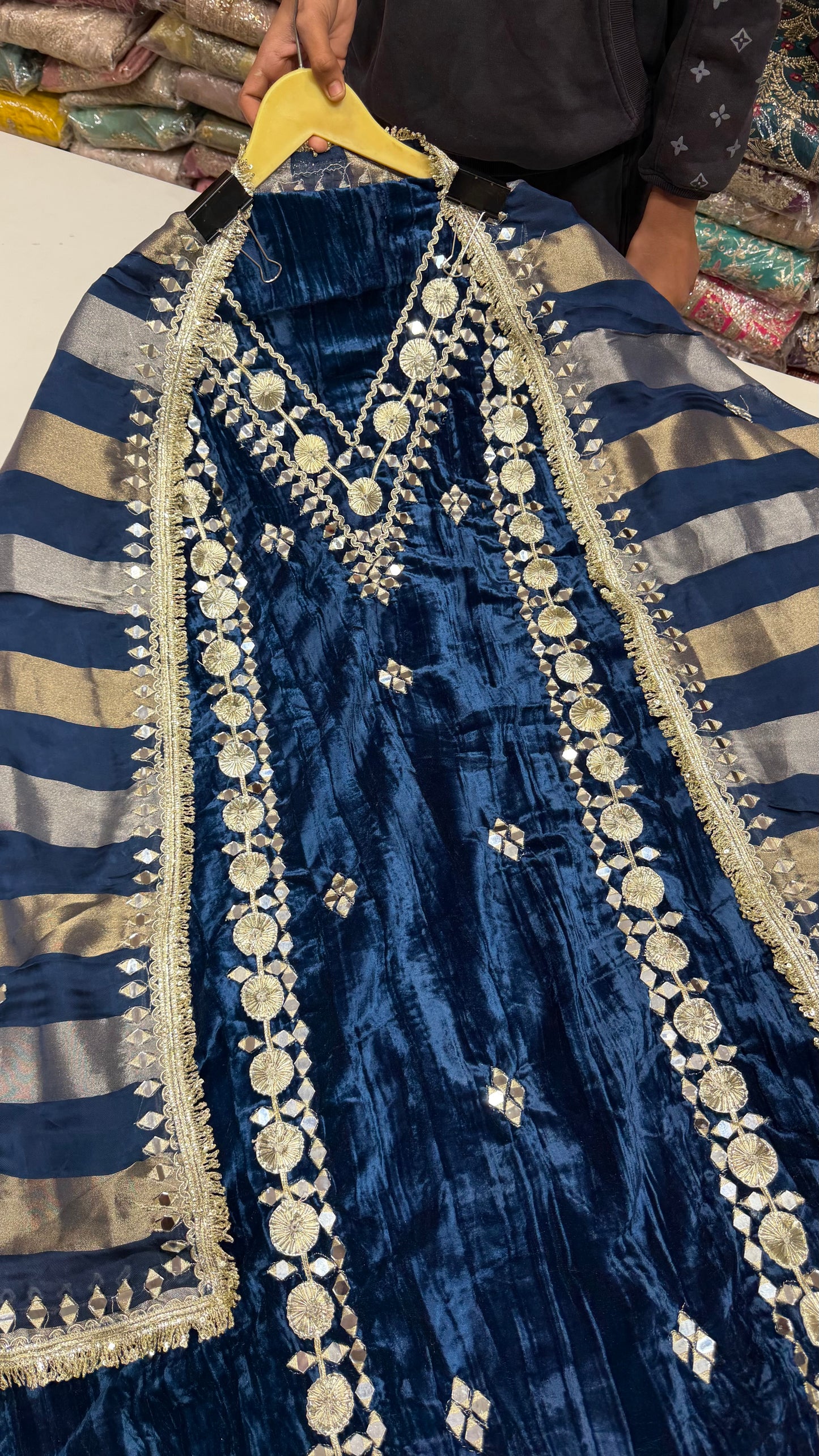 Premium Pure Velvet Unstitched Suit with Gotta Patti & Mirror Work + Tissue Dupatta