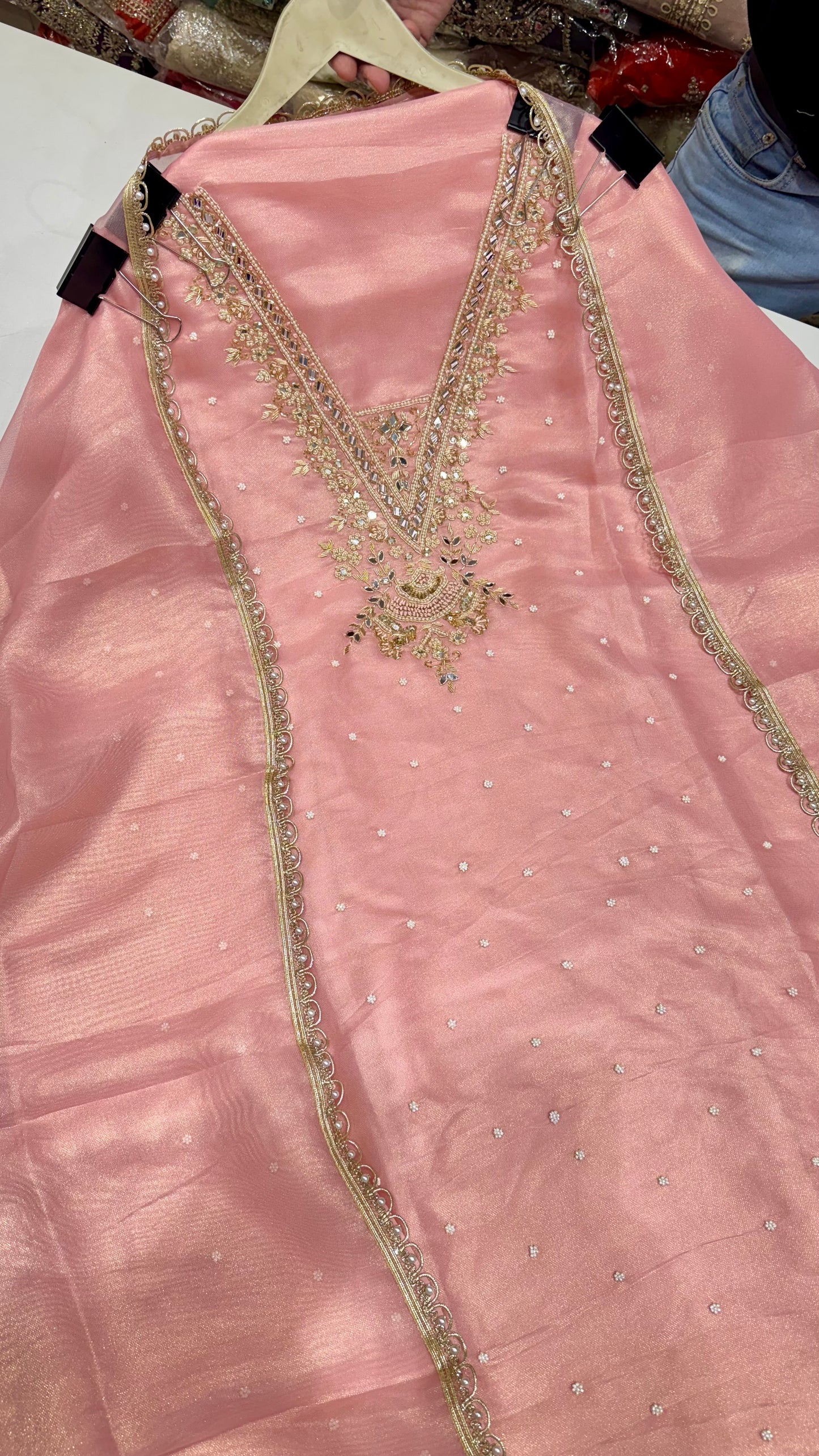 Elegant Burbery Tissue Unstitched Suit with Zardozi & Pearl Embellishments