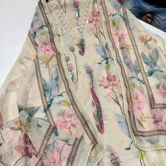 Skin Kota Doria Cotton V-Neck Digital Printed Suit Set with Embroidered Lace Neckline & Printed Dupatta