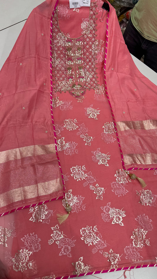 Designer Pure Organza Hand-Embroidered Unstitched Suit with Muslin Dupatta