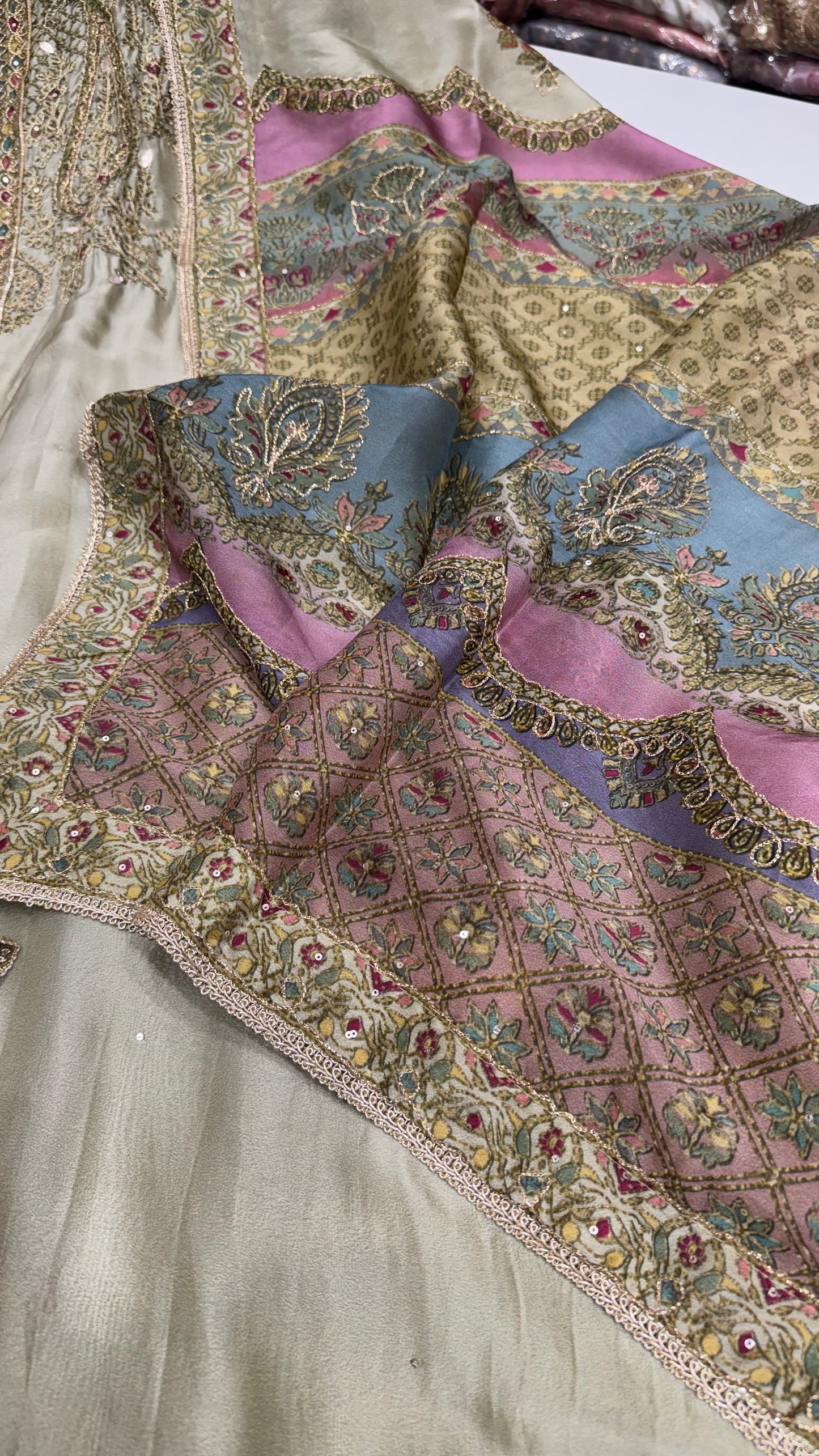 Luxury Unstitched Pakistani Russian Silk Achkak Style Suit with Zari Work – Designer Dupatta & Crepe Bottom (3-Piece Set)