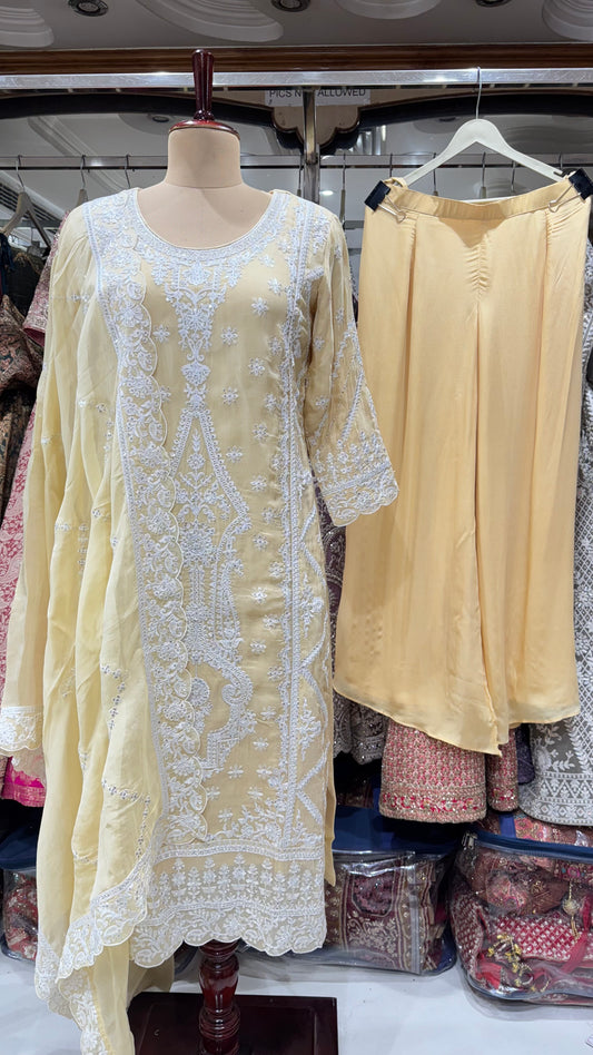 Elegant Pastel Yellow Pure Organza Lakhnavi Embroidered Readymade Suit – Free Size (Up to 44” Bust)