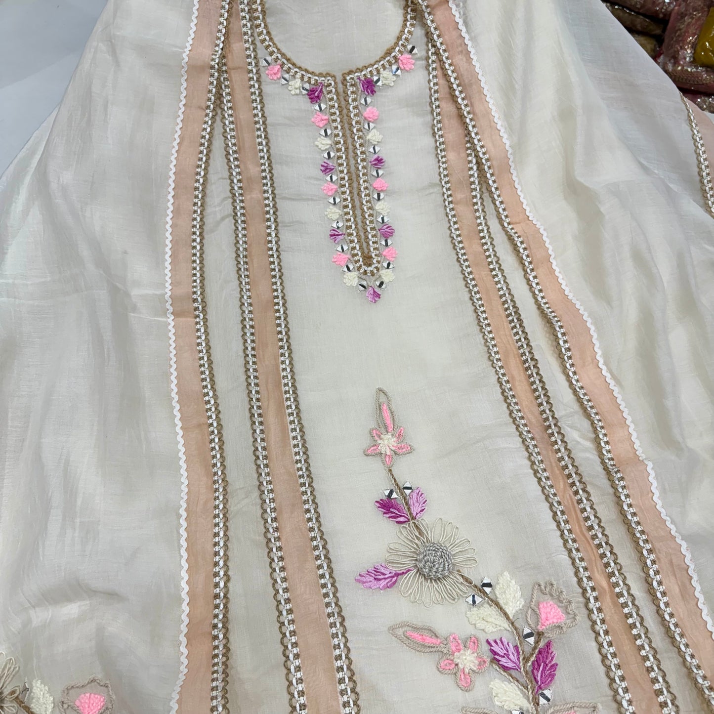 Elegant Cream Pure Mul Mul Cotton Hand Embroidered Suit Set