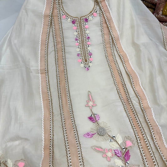 Elegant Cream Pure Mul Mul Cotton Hand Embroidered Suit Set