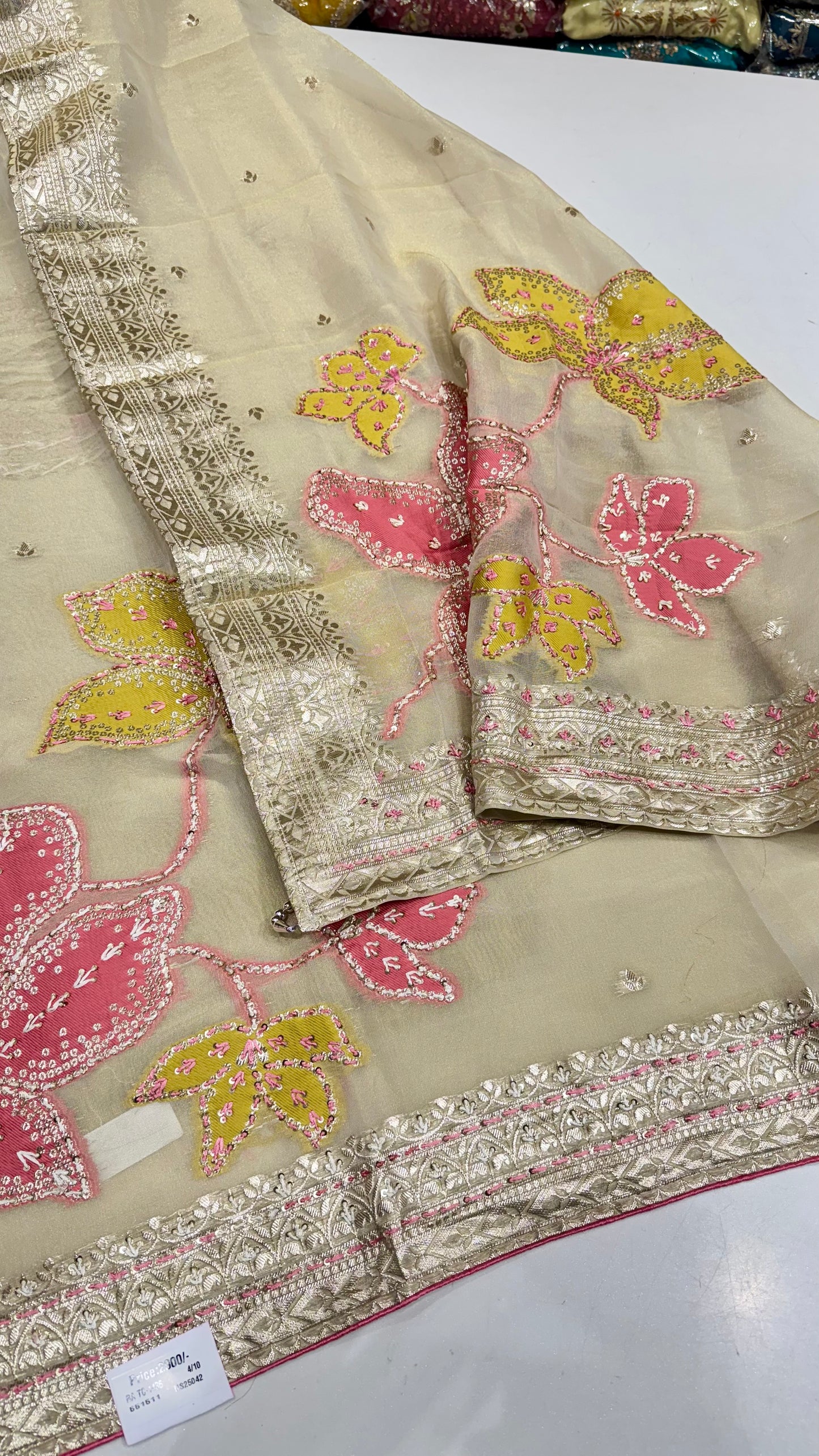 Elegant Banarasi Tissue Hand Embroidered Unstitched Suit with Kantha Work