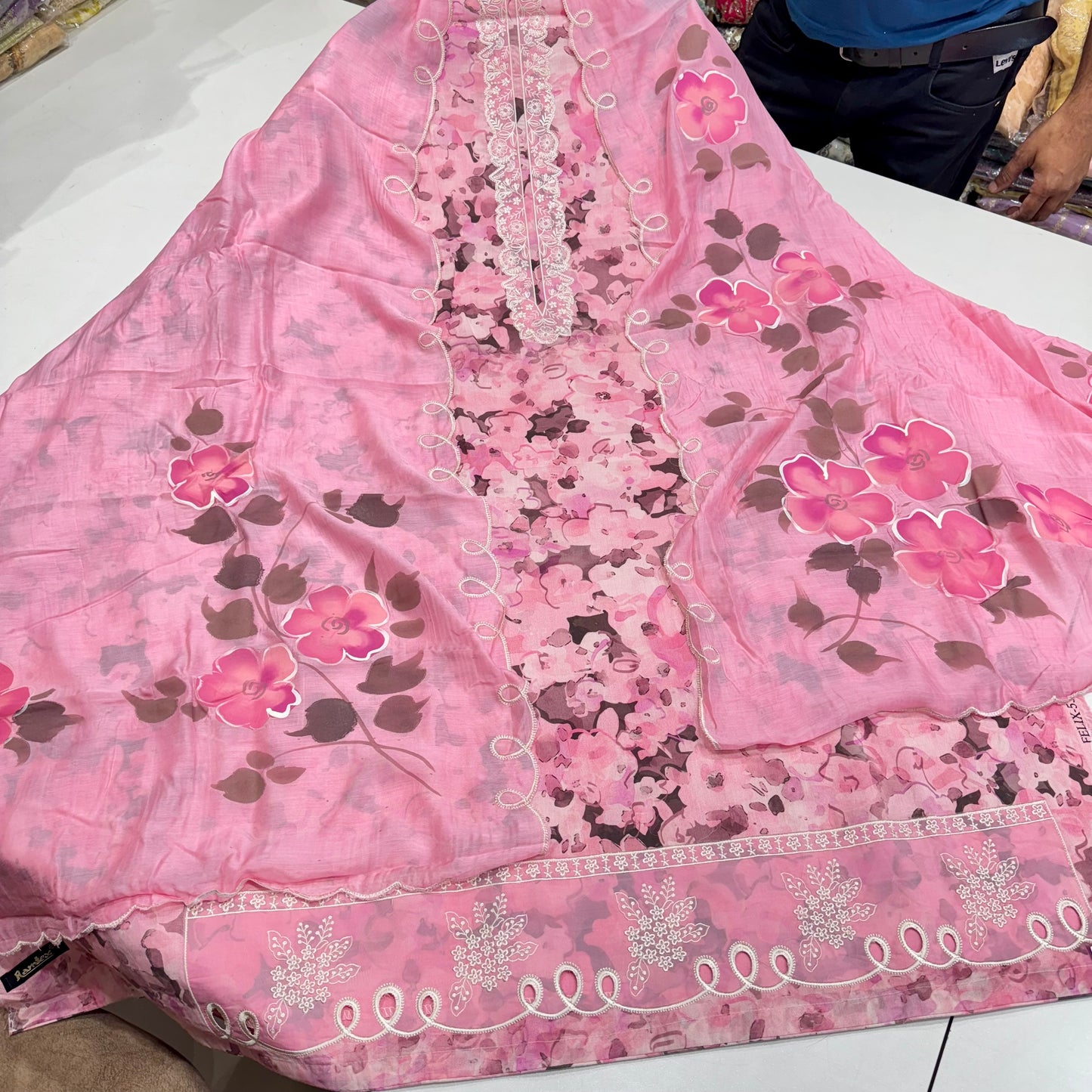 Elegant Pure Cotton Suit with Embroidered Neck & Cutwork Ghera | Hand-Painted Cotton Dupatta Set