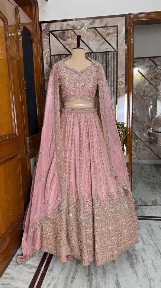 Luxury Readymade Pure Tissue Zardozi Hand-Embroidered Lehenga Choli with Dupatta (Free Size up to 44 Bust)