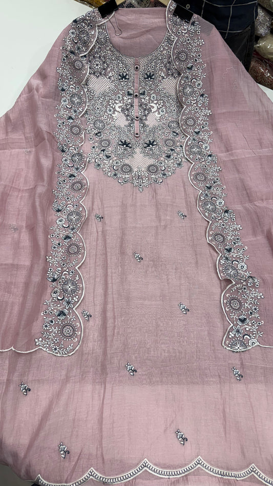 Luxury Unstitched Pure Mulmul Cotton Embroidered Suit | Premium Resham Thread Work Shirt & Dupatta | Soft Summer Cotton Dress Material with Cotton Bottom | Designer Ethnic Wear