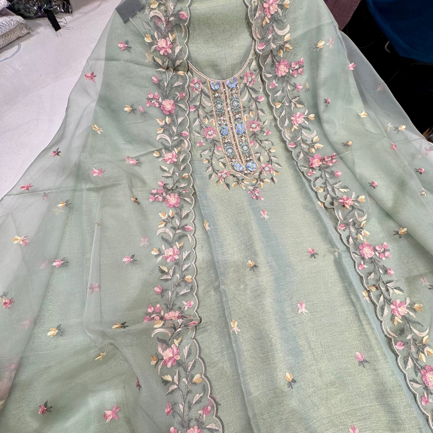 Unstitched Tissue Silk Kalamkari Embroidered Suit with Handwork Neck & Organza Dupatta