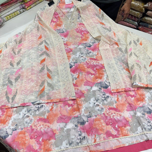 Elegant Floral Printed & Embroidered Cotton Salwar Kameez Set with Dupatta – Multicolor