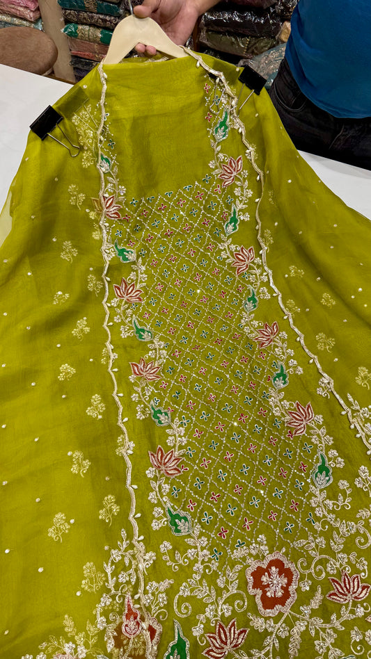 Olive Green Pure Organza Unstitched Suit with Multicolor Zardozi Hand Embroidery