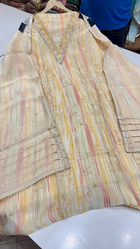 Elegant Stripe Unstitched Organza Suit with Hand Zardozi Neckwork