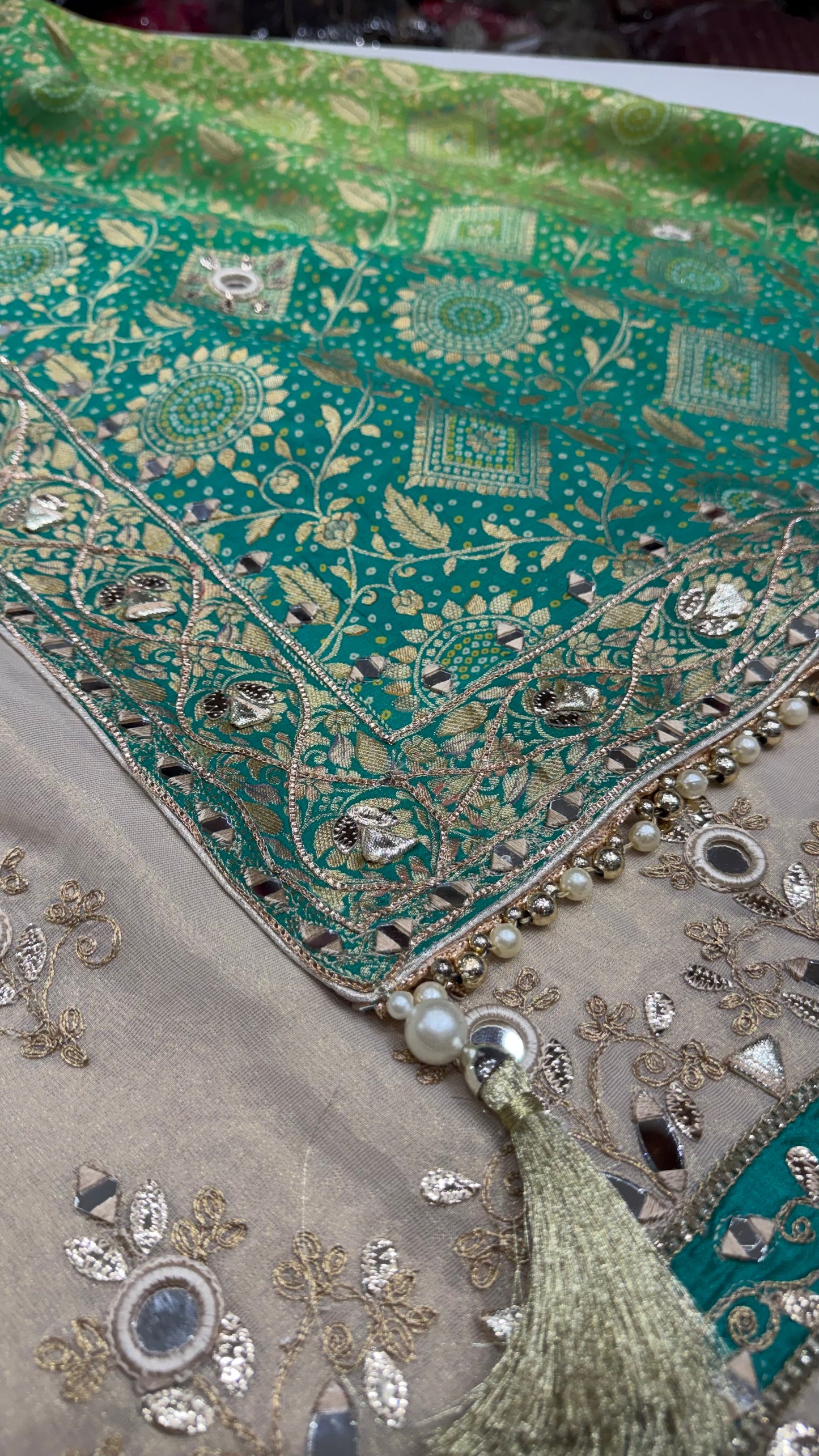 Luxury Pure Tissue Gotta Patti Unstitched Suit with Mirror Work | Designer Tissue Suit with Mysore Georgette Dupatta & Opada Silk Bottom