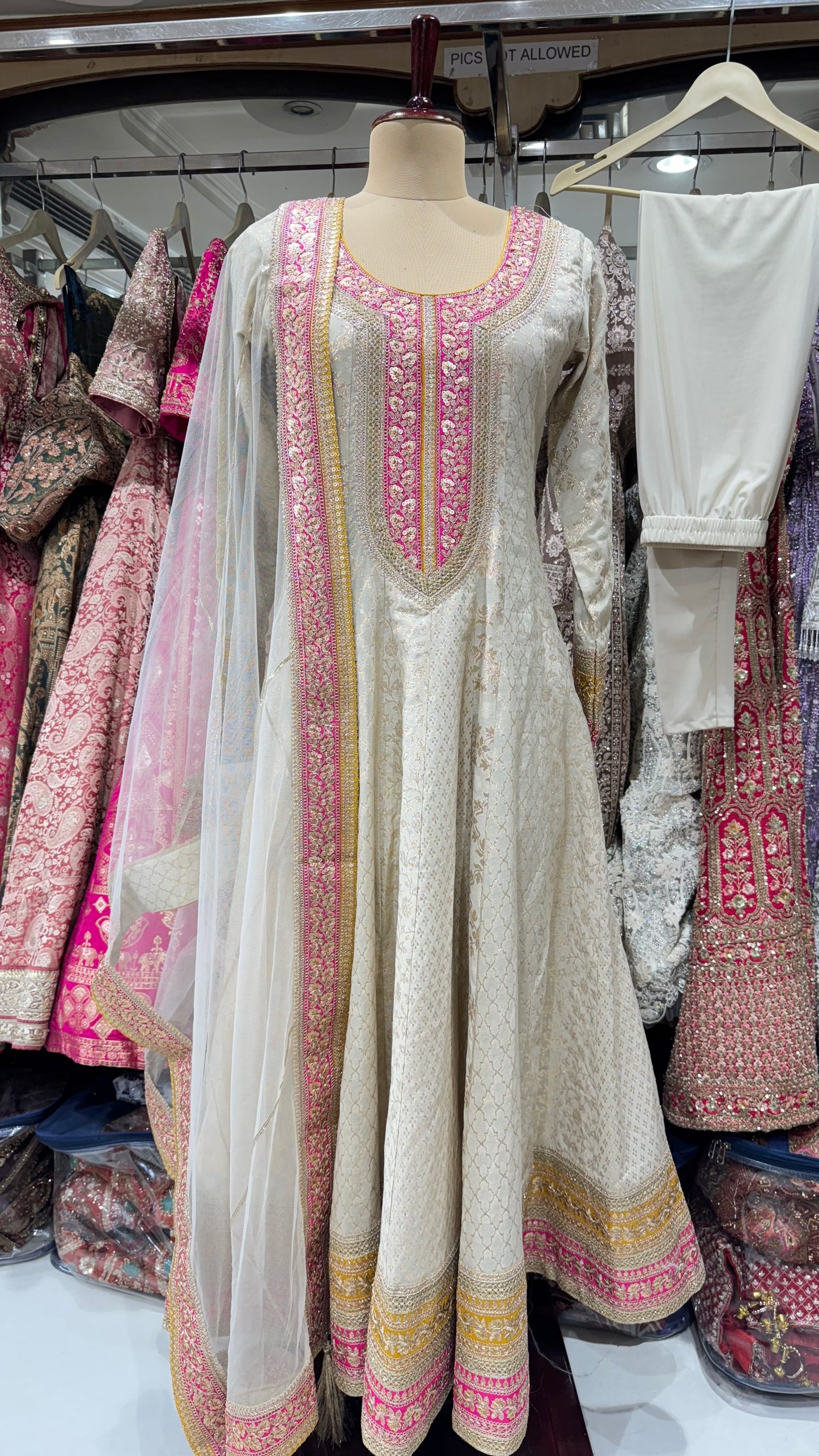 Elegant Pure Mysore Tissue Zari & Sequin Embroidered Readymade Anarkali Suit – Free Size (Up to 42” Bust)