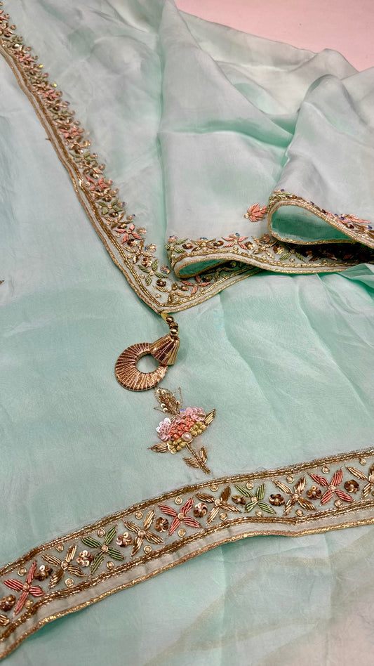 Pastel Mint Luxury Zardozi Embroidered Unstitched Suit in Pure Organza