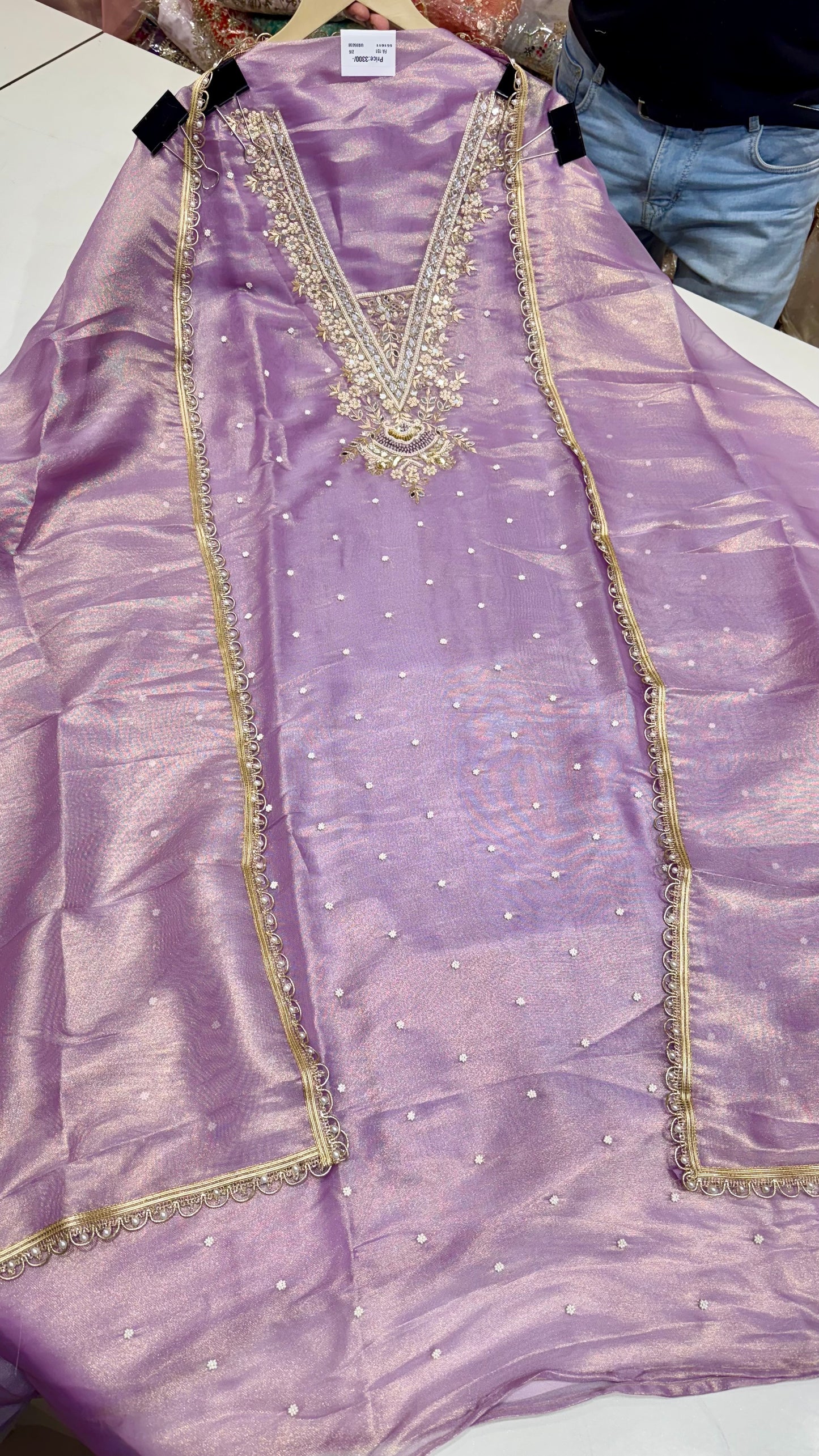 Elegant Burbery Tissue Unstitched Suit with Zardozi & Pearl Embellishments