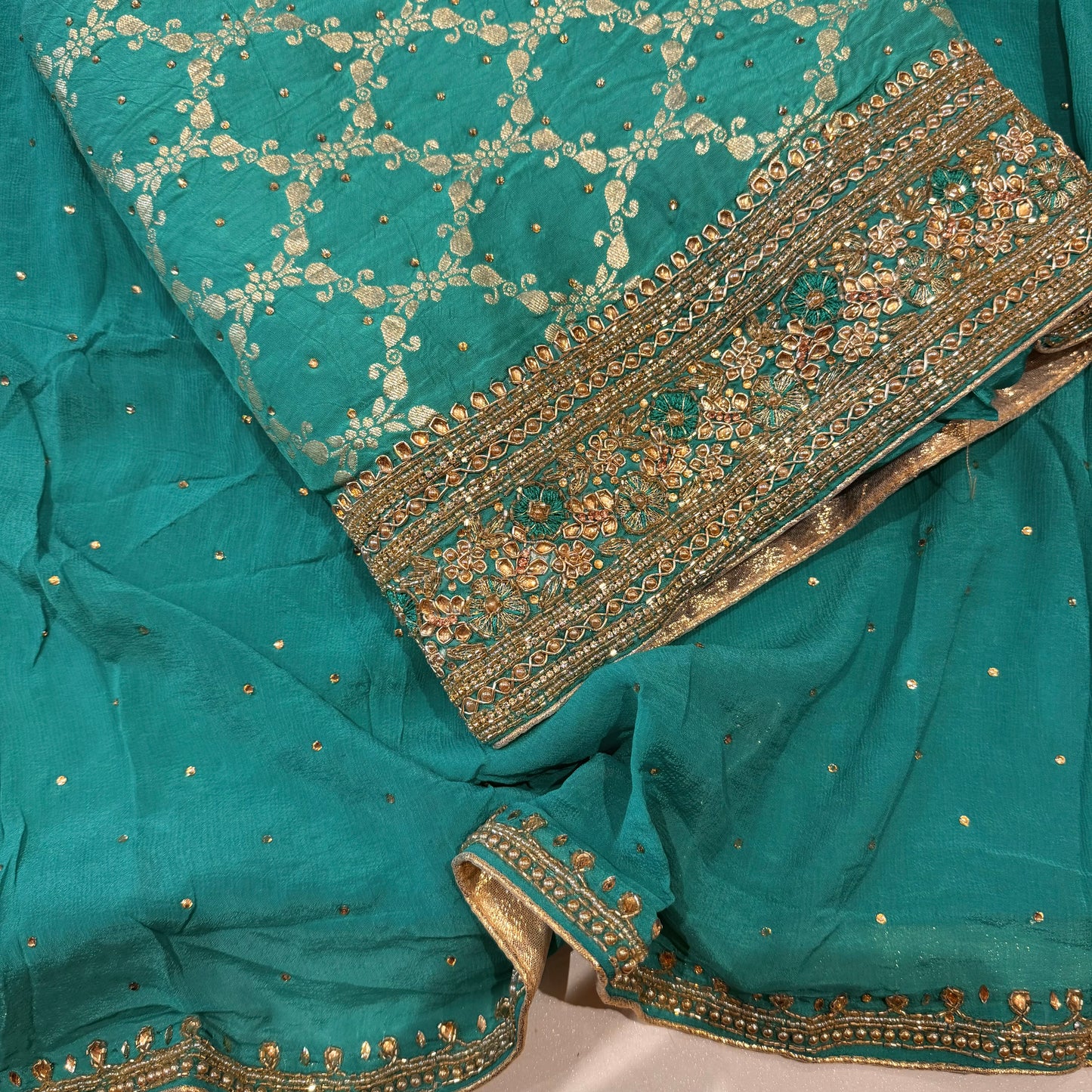 Banarsi Silk Handwork Suit set with Chinon dupatta