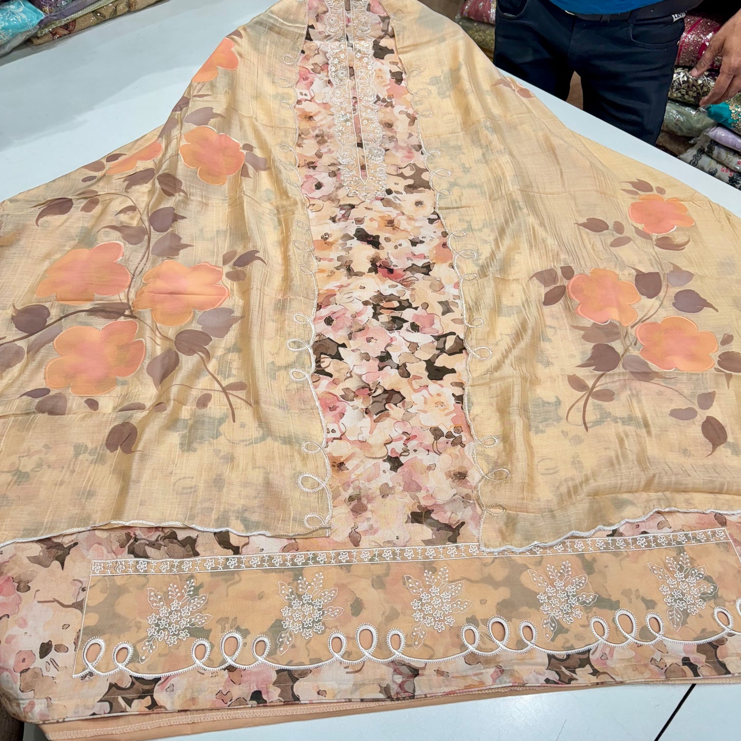 Elegant Pure Cotton Suit with Embroidered Neck & Cutwork Ghera | Hand-Painted Cotton Dupatta Set