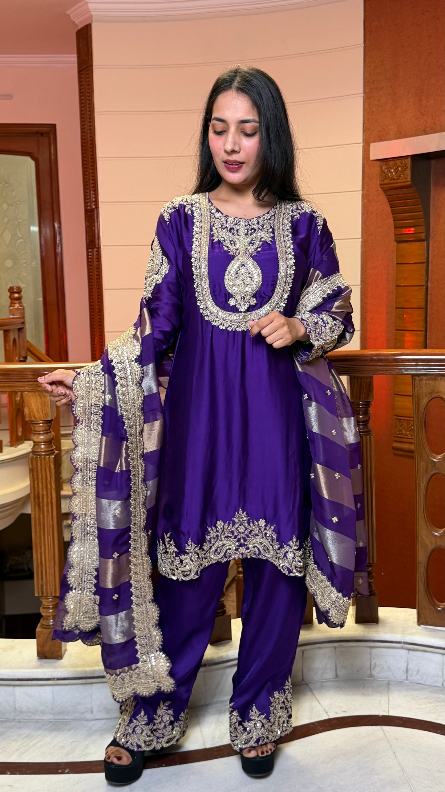 Royal Purple Samo Satin Silk Farshi Suit Set with Designer Dupatta