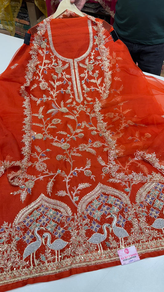 Royal Zardozi Peacock Embroidered Unstitched Suit in Pure Organza