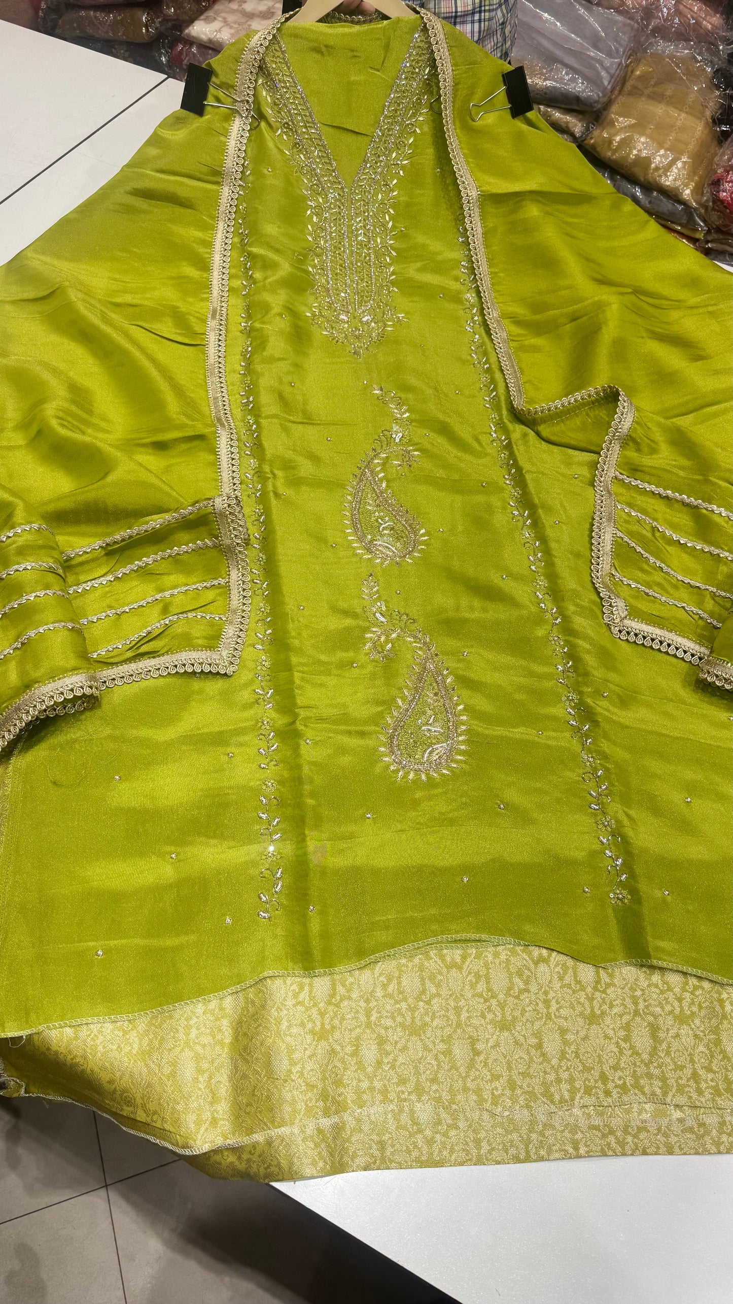 Elegant Hand-Embroidered Tissue Silk Suit with Brocade Bottom & Tissue Dupatta (3-Piece Set)