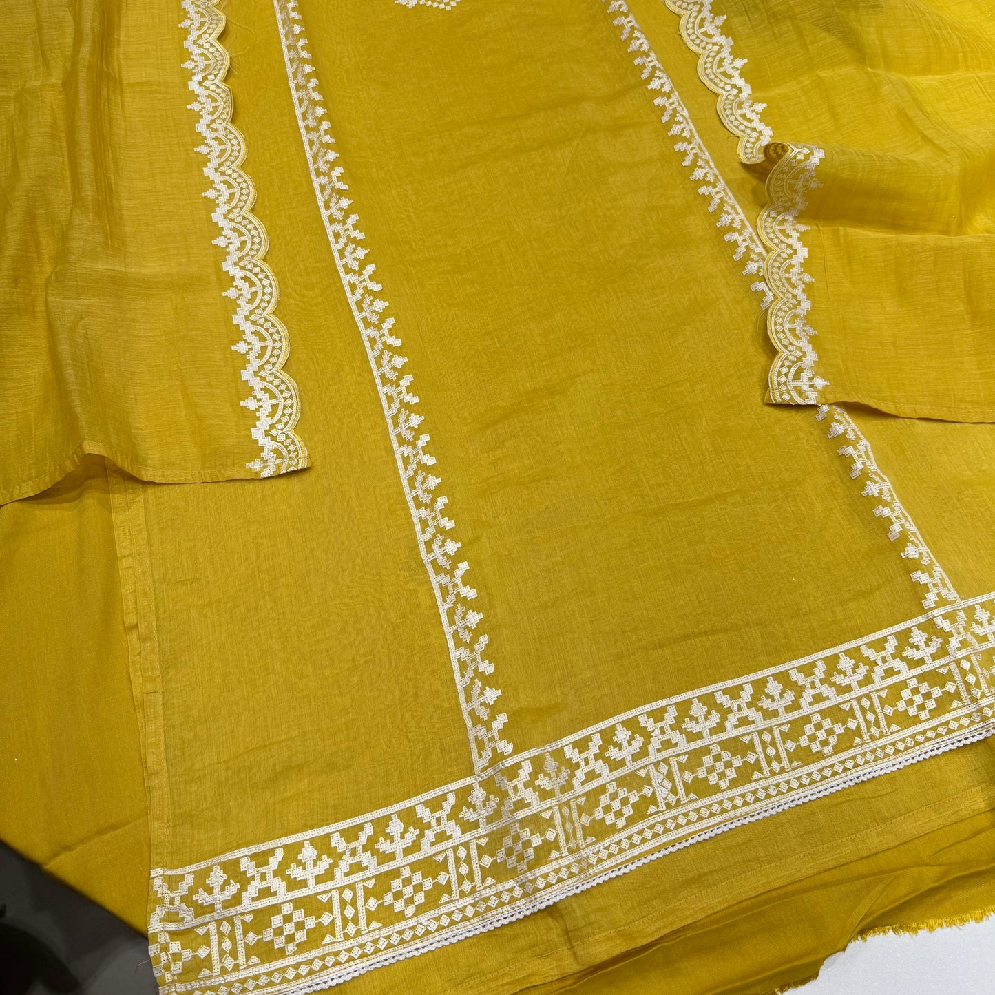 Mustard Yellow Mulmul Cotton Suit with White Gotta Embroidery – Unstitched Dress Material