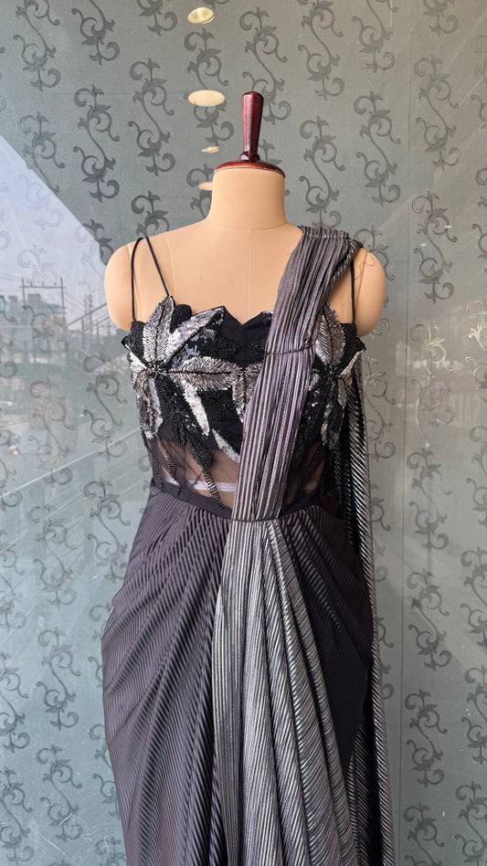Black Metallic Drape Cocktail Gown with Hand Embellished Leaf Motif Bodice